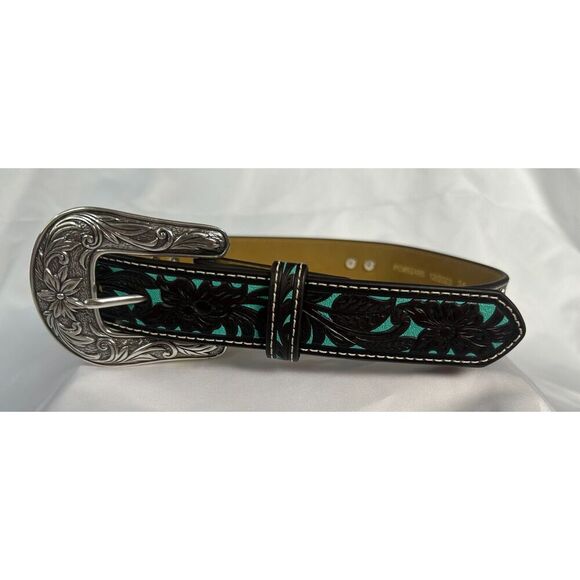 Women's Children's Ariat Brown & Turquoise with Floral Overlay Western Belt 25 - Picture 5 of 6